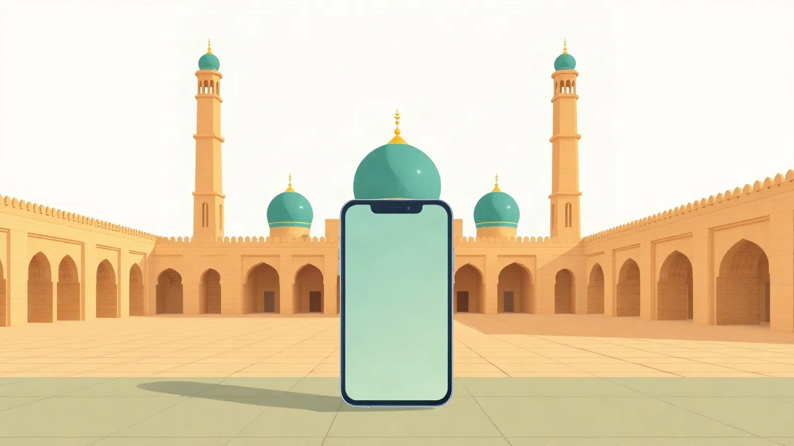 Ancient square with turquoise domes and minarets with a smartphone in the foreground