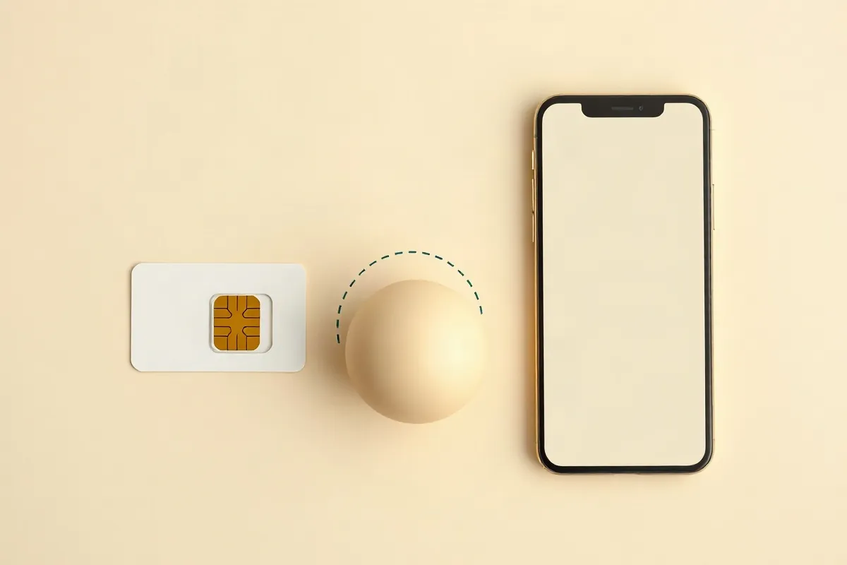 A local SIM card, a globe with a roaming arc and a smartphone for a data eSIM