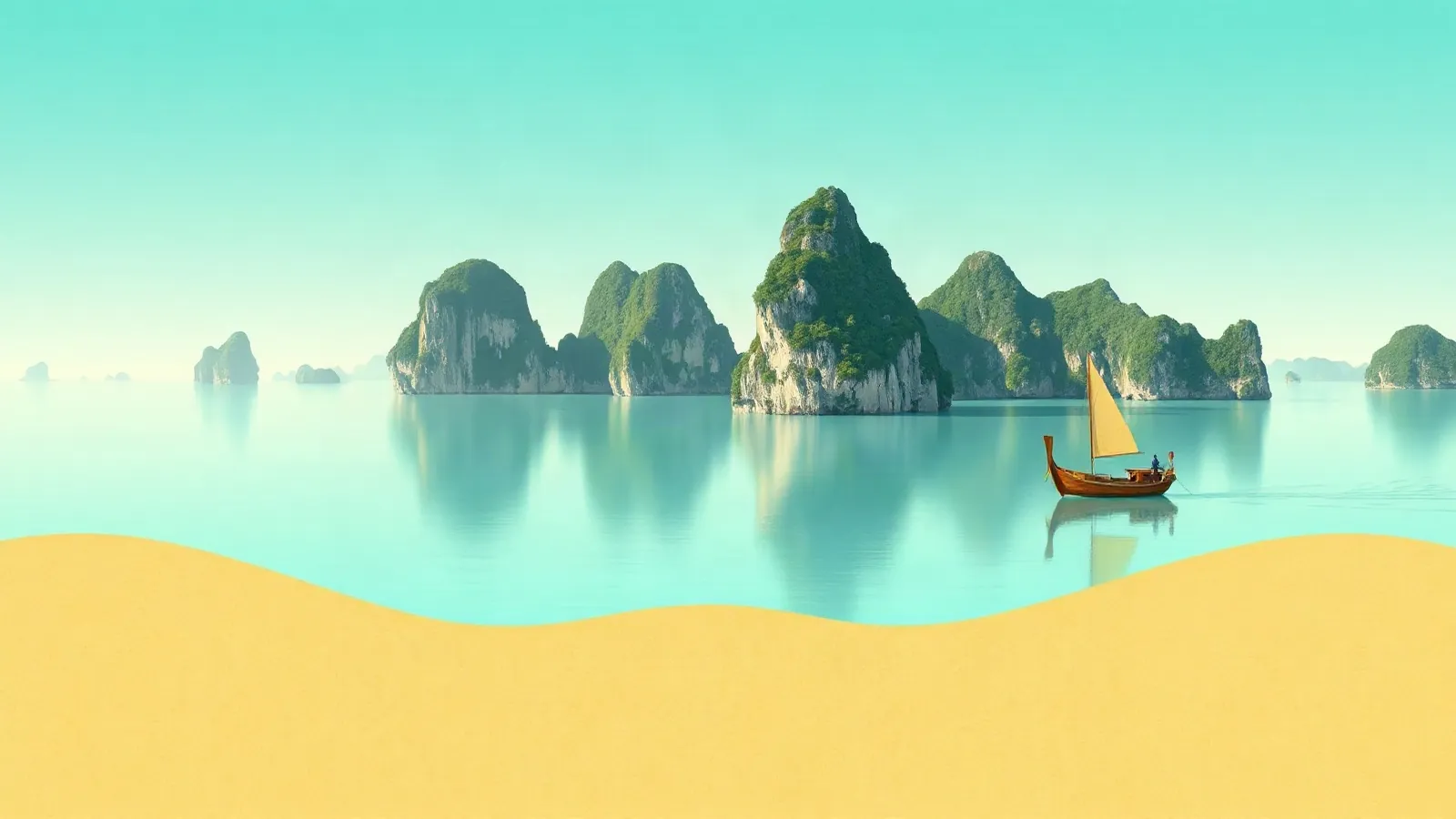 Limestone islands in a calm bay and a wooden boat with a smartphone in the foreground