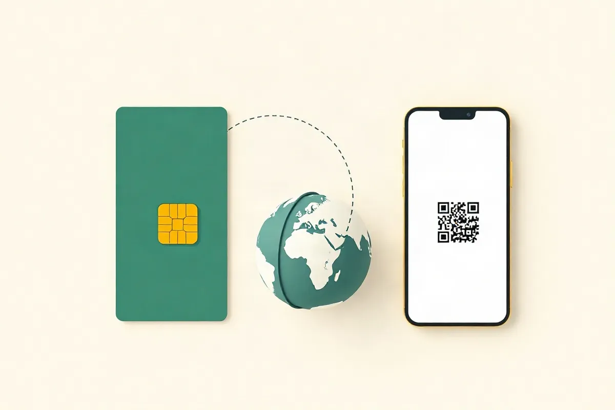 A local SIM card, a globe with a roaming arc and a smartphone for a data eSIM